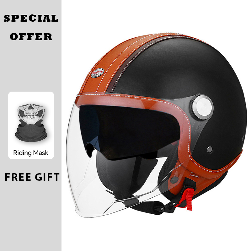 Vintage Open Face Retro Helmet - Vintage White Brown Leather Open Face