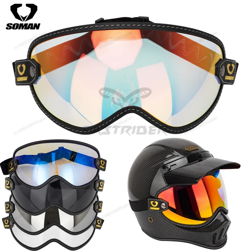 Vintage Open Face Retro Helmet - SOMAN Vintage Motorcycle Goggles Retro Open